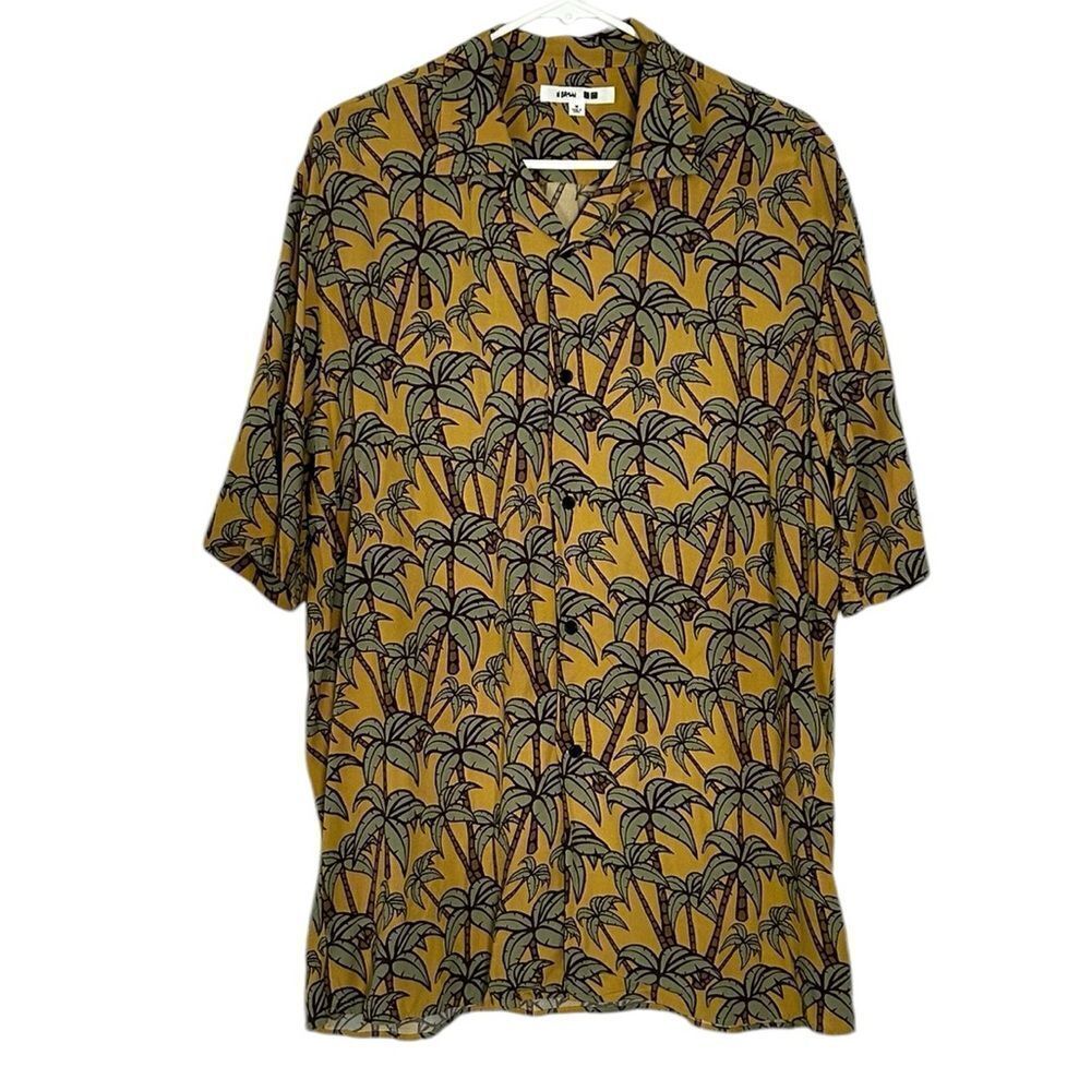 Uniqlo x Heather Brown Hawaiian Shirt Palm Tree Button-down Men’s Medium Yellow